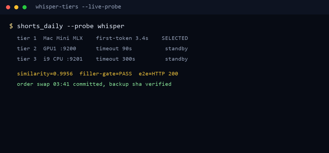 ผลลัพธ์ live-probe ของระบบถอดเสียง 3 ชั้น